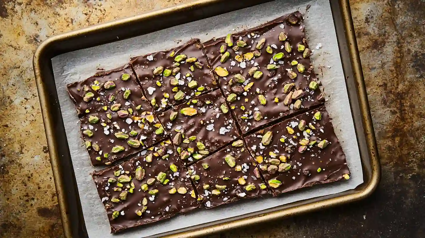 Delicious Date Chocolate Bark: The Viral Sweet Treat 1 Date chocolate bark cut into squares and topped with pistachios and sea salt on a parchment-lined tray