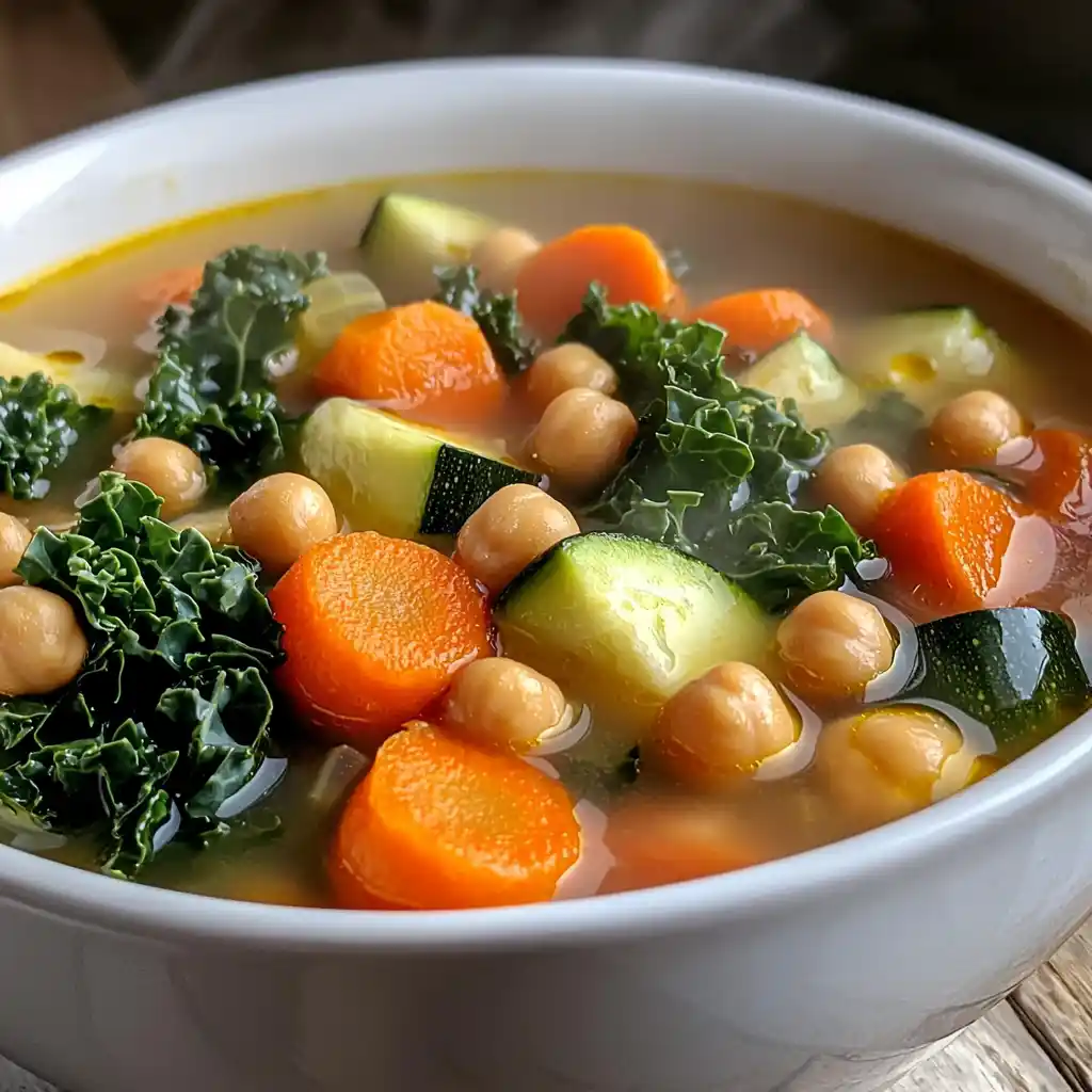 Homemade Vegetable Soup, colorful mix of carrots, zucchini, chickpeas, and kale in a light vegetable broth