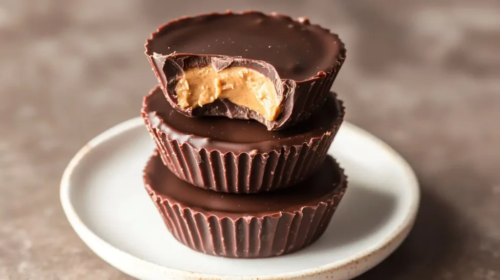 Delicious & Easy Protein Peanut Butter Cups (Dairy-Free Recipe) 2 Close-up of delicious homemade Protein Peanut Butter Cups with a bite taken out, revealing creamy filling.