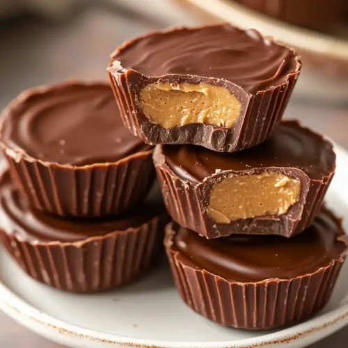 Delicious & Easy Protein Peanut Butter Cups (Dairy-Free Recipe) 3 Close-up of homemade protein peanut butter cups stacked on a white plate, showing creamy peanut butter filling inside glossy chocolate shells