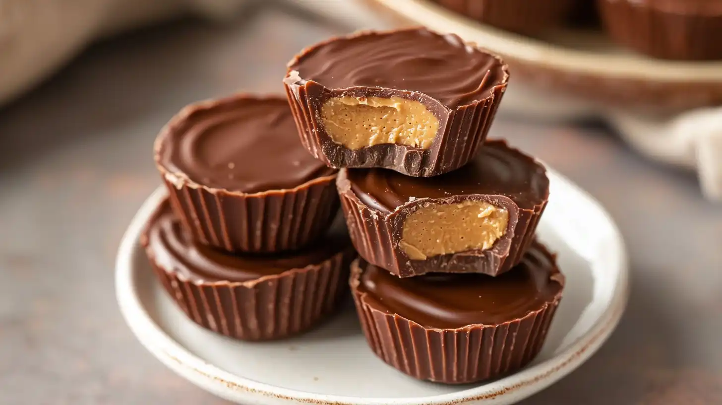 Delicious & Easy Protein Peanut Butter Cups (Dairy-Free Recipe) 1 Close-up of homemade protein peanut butter cups stacked on a white plate, showing creamy peanut butter filling inside glossy chocolate shells