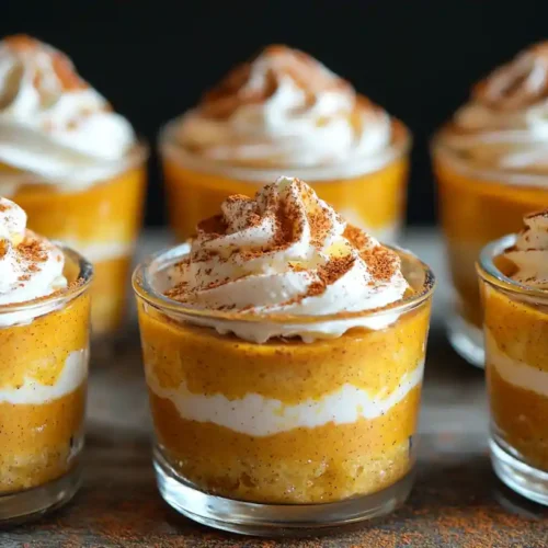 Irresistible No-Bake Pumpkin Cheesecake Fluff 2 Pumpkin cheesecake fluff layered in small glass cups with whipped cream and cinnamon topping
