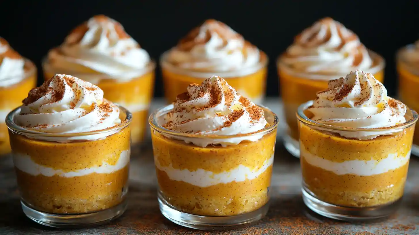 Irresistible No-Bake Pumpkin Cheesecake Fluff 1 Pumpkin cheesecake fluff layered in small glass cups with whipped cream and cinnamon topping