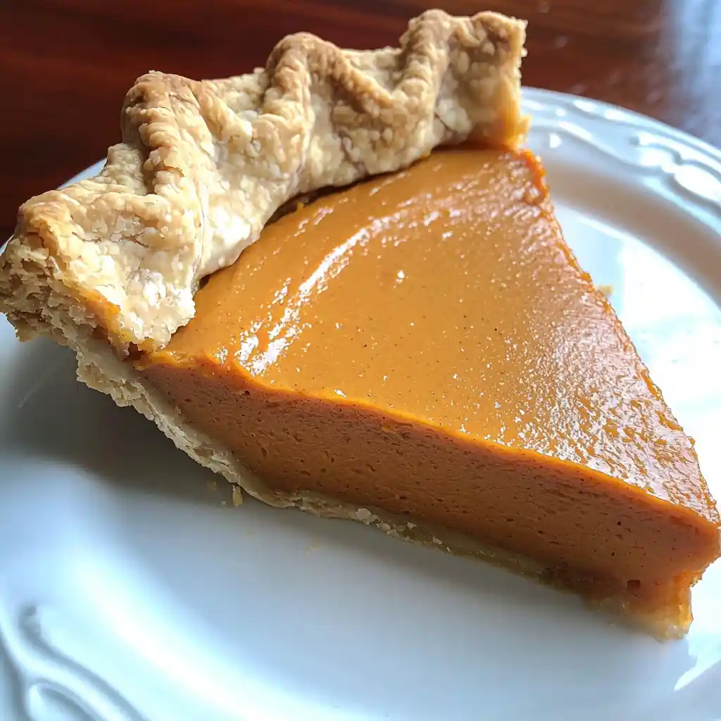 Slice of southern sweet potato pie with smooth, creamy filling and flaky golden crust on a white plate.