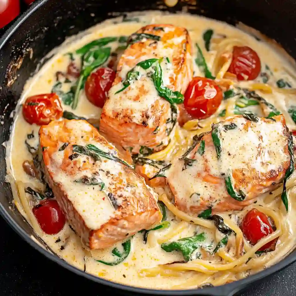 Creamy Tuscan salmon pasta with seared salmon fillets, cherry tomatoes, and spinach in a rich sauce
