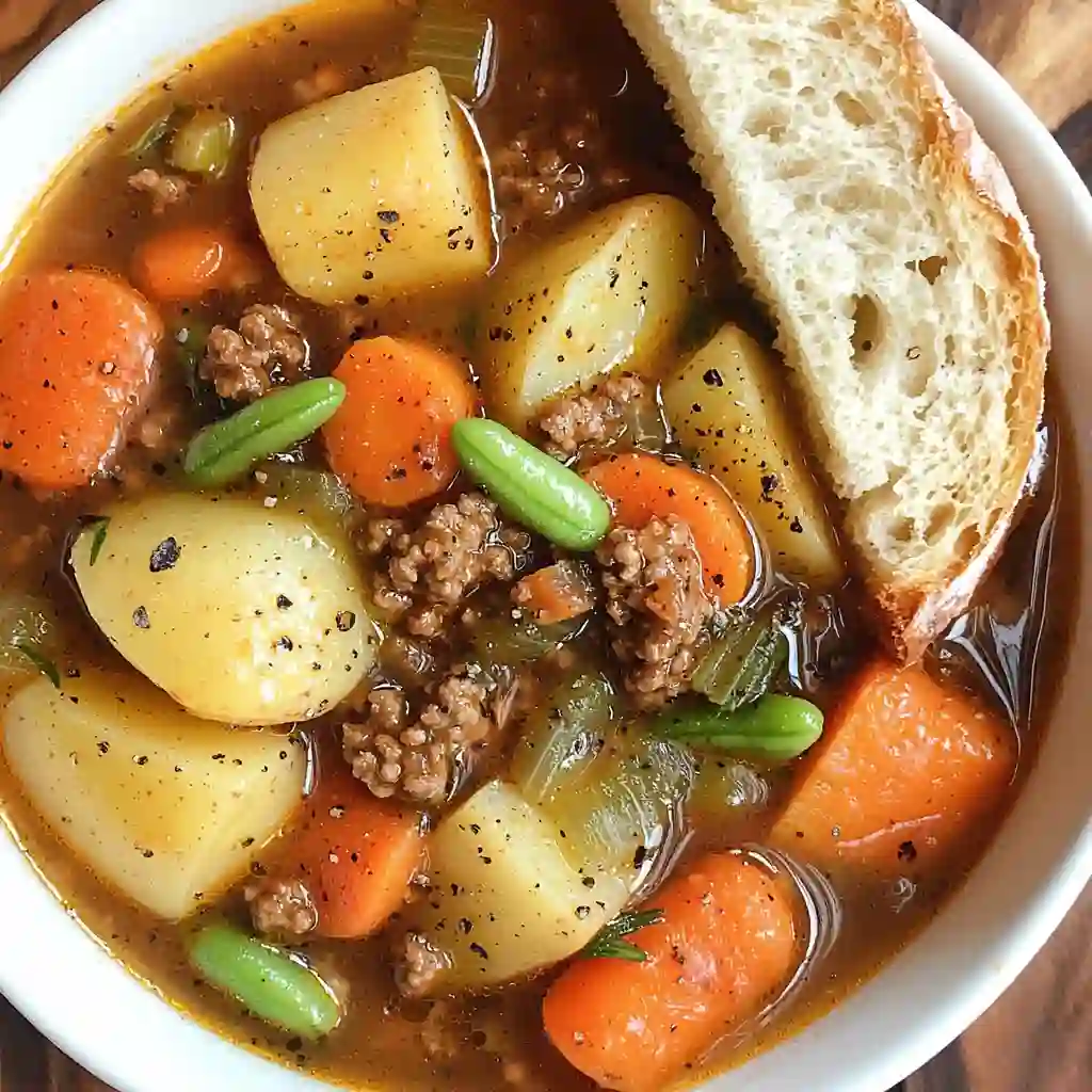 Hearty vegetable beef soup recipe with tender potatoes, carrots, ground beef, and green beans in a rich broth