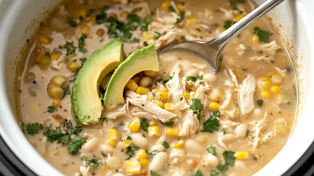 A spoonful of White Chicken Chili Crockpot, garnished with avocado, sour cream, and crispy tortilla strips.