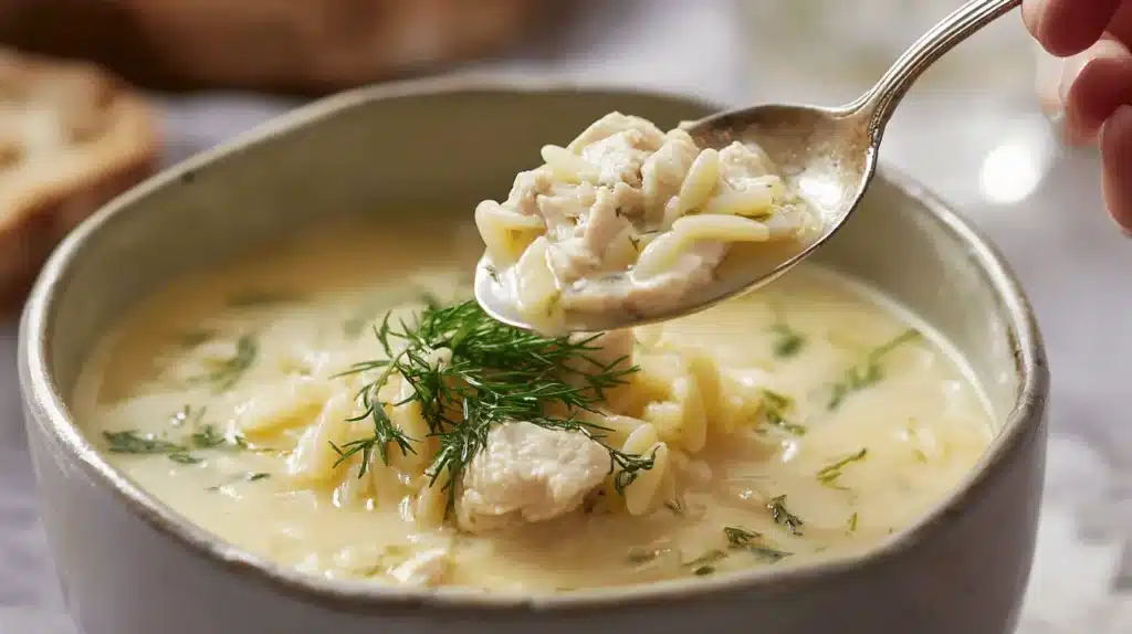 Spoon scooping creamy avgolemono soup with chicken, orzo, and fresh dill.