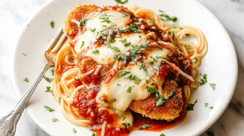 Close-up of a delectable plate of Baked Chicken Parmesan with gooey melted cheese, vibrant tomato sauce, and spaghetti, garnished with fresh parsley.
