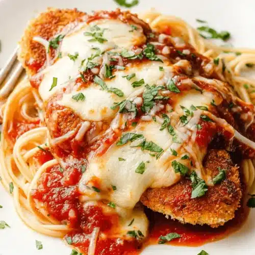 Easy Baked Chicken Parmesan 2 Close-up of a delectable plate of Baked Chicken Parmesan with gooey melted cheese, vibrant tomato sauce, and spaghetti, garnished with fresh parsley.