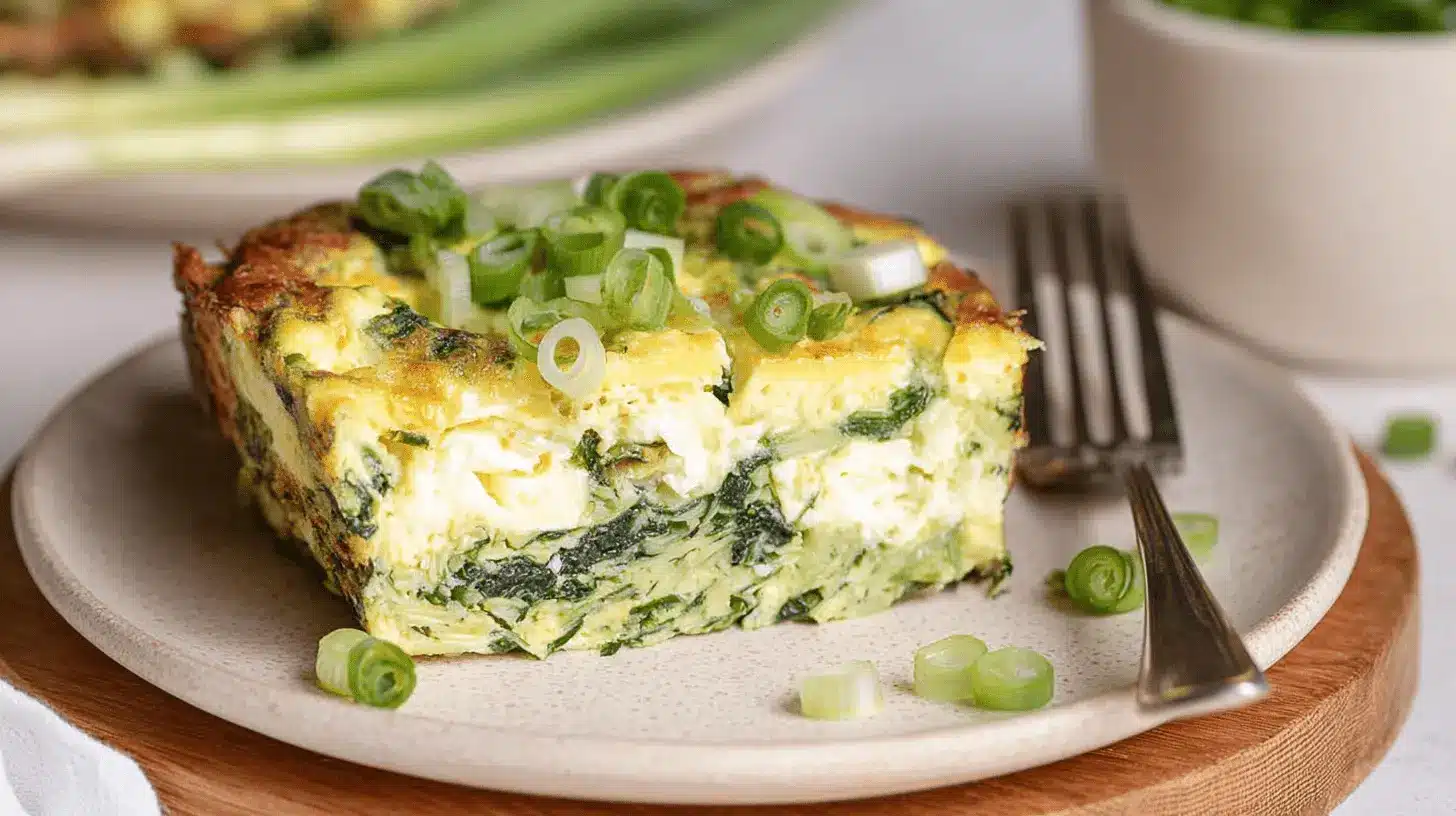 A close-up of a vibrant slice of baked cottage cheese eggs with spinach and fresh scallions on a rustic ceramic plate.
