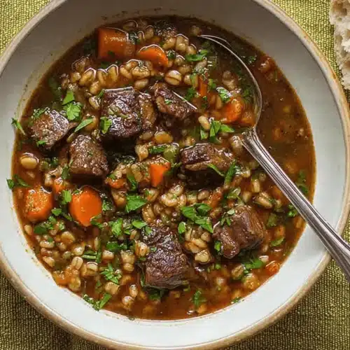 Hearty Homemade Beef Barley Soup Recipe 3 Hearty beef barley soup in a rustic bowl with crusty bread.
