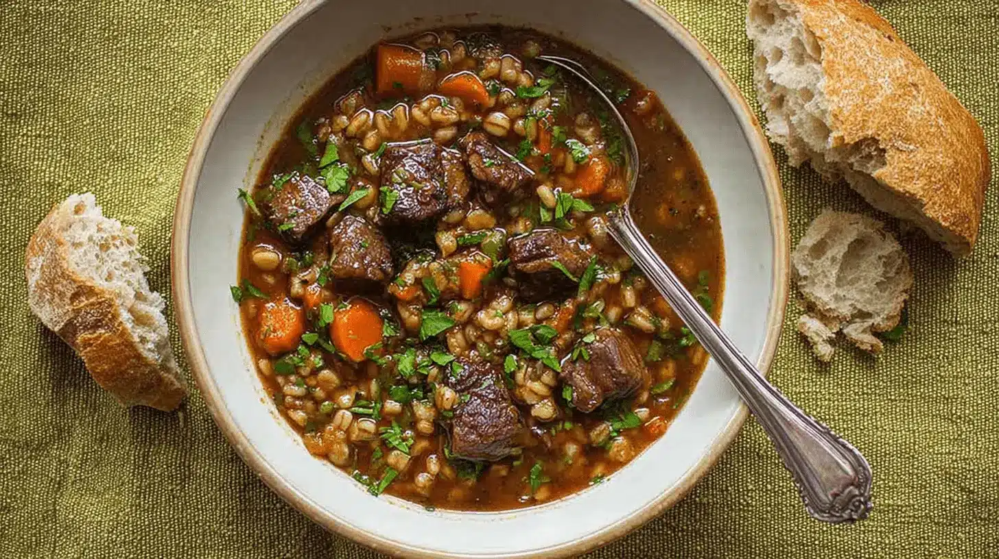 Hearty Homemade Beef Barley Soup Recipe 1 Hearty beef barley soup in a rustic bowl with crusty bread.