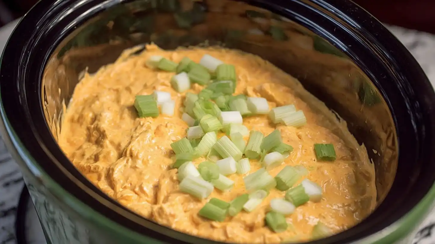 Warm, creamy buffalo chicken dip crock pot, garnished with fresh green onions and celery.
