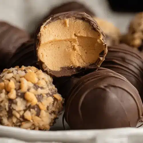 Delicious No-Bake Butterfinger Balls: The Ultimate Easy Dessert! 2 Close-up of homemade chocolate Butterfinger Balls with creamy peanut butter filling and various toppings on a white plate.