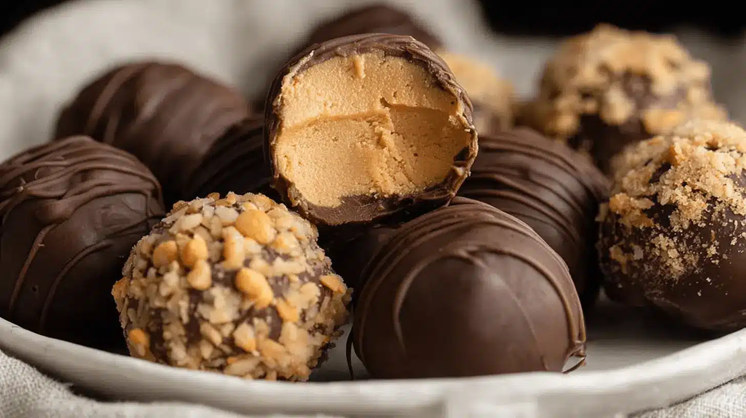 Delicious No-Bake Butterfinger Balls: The Ultimate Easy Dessert! 1 Close-up of homemade chocolate Butterfinger Balls with creamy peanut butter filling and various toppings on a white plate.