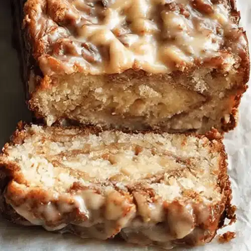 The Best Salted Caramel Apple Fritter Bread Recipe 2 Close-up of a homemade caramel apple fritter bread loaf, glazed and sliced, showing its moist interior and apple-caramel swirls.