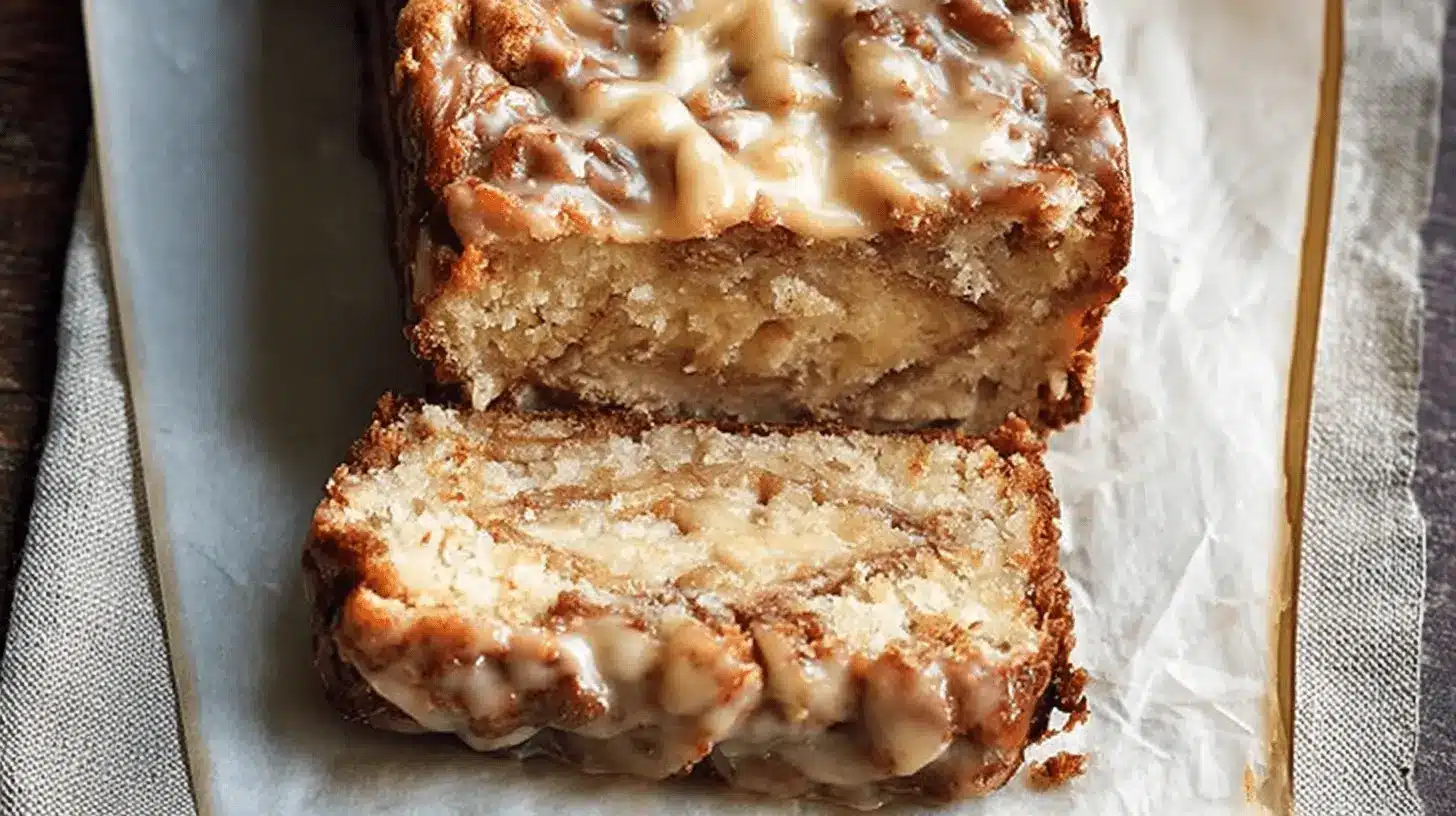The Best Salted Caramel Apple Fritter Bread Recipe 1 Close-up of a homemade caramel apple fritter bread loaf, glazed and sliced, showing its moist interior and apple-caramel swirls.