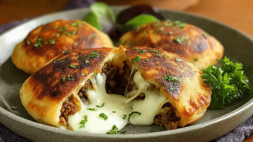 Close-up of golden-brown Cheesy Beef Potato Pockets on a rustic grey plate, with one cut open revealing a gooey, melted cheese and savory beef filling.