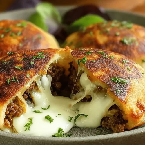 Close-up of golden-brown Cheesy Beef Potato Pockets on a rustic grey plate, with one cut open revealing a gooey, melted cheese and savory beef filling.