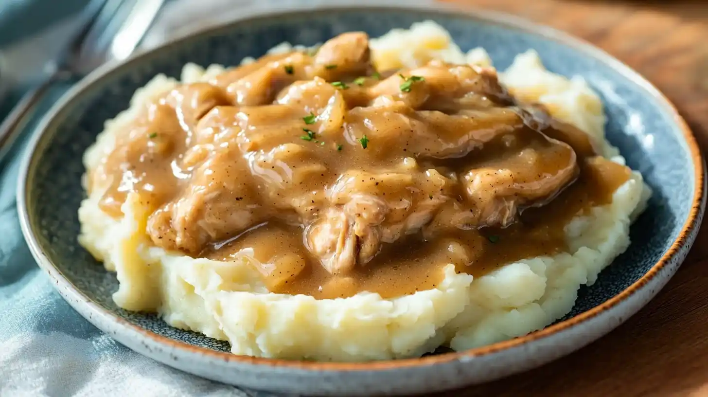 Homemade chicken and gravy recipe served over mashed potatoes with rich brown gravy