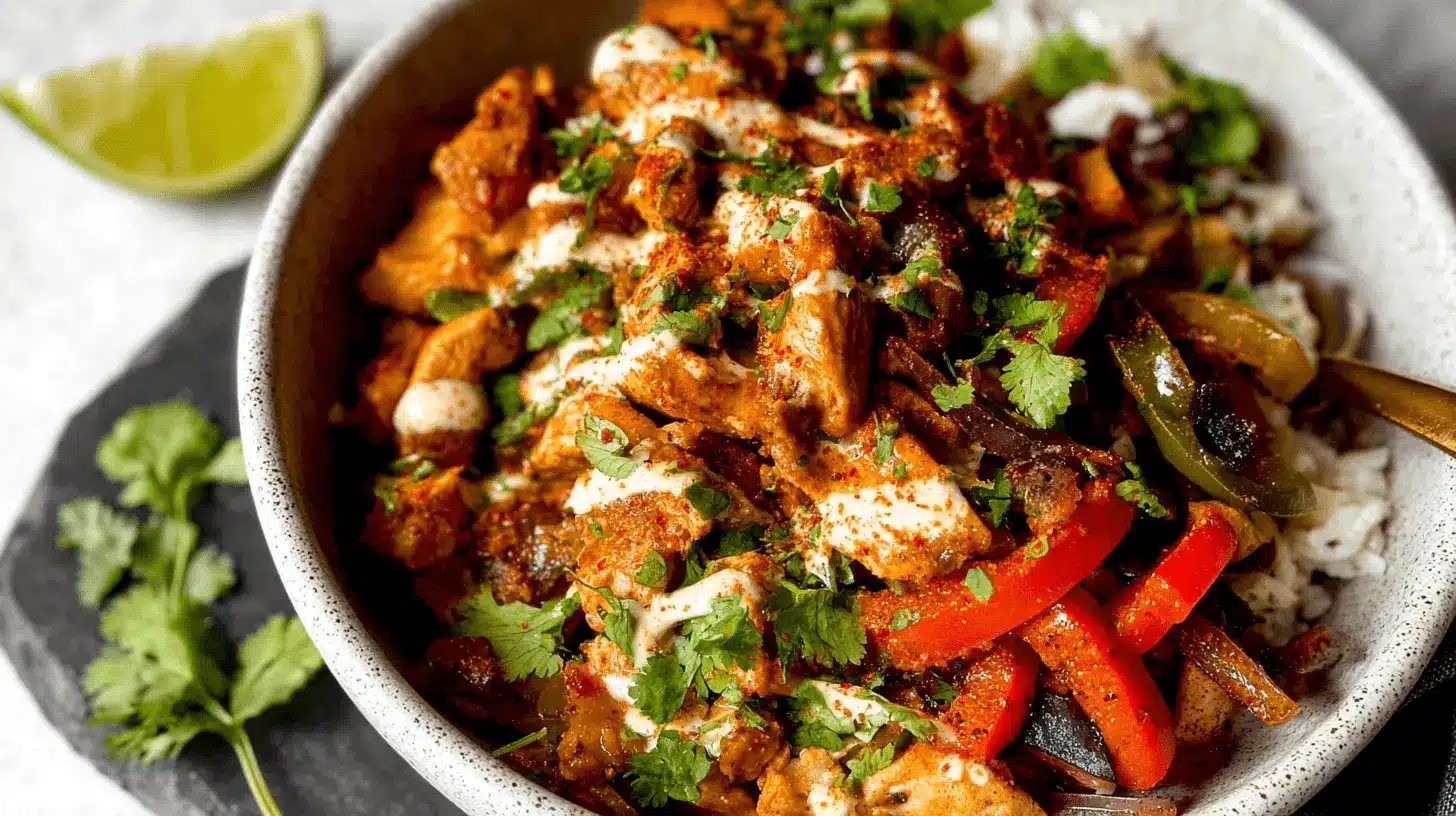 The Best Chicken Fajita Bowl recipe 1 Vibrant Chicken Fajita Bowl with seasoned chicken, colorful bell peppers, rice, cilantro, and a creamy sauce.