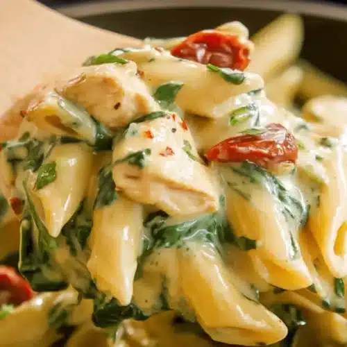 Creamy Chicken Florentine Pasta Recipe 2 Creamy chicken Florentine pasta with penne, spinach, sun-dried tomatoes, and chili flakes being served with a wooden spoon.