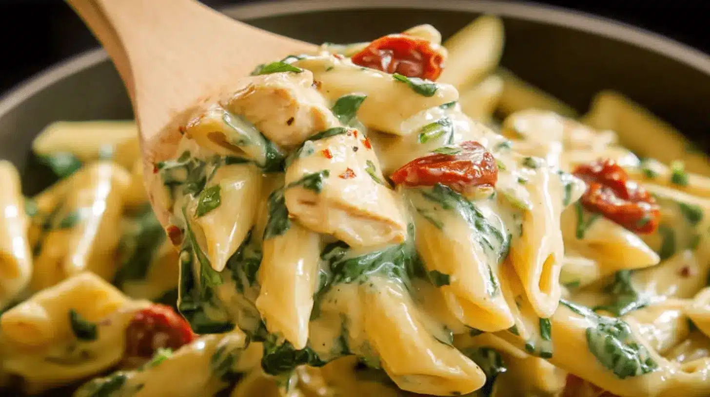 Creamy Chicken Florentine Pasta Recipe 1 Creamy chicken Florentine pasta with penne, spinach, sun-dried tomatoes, and chili flakes being served with a wooden spoon.