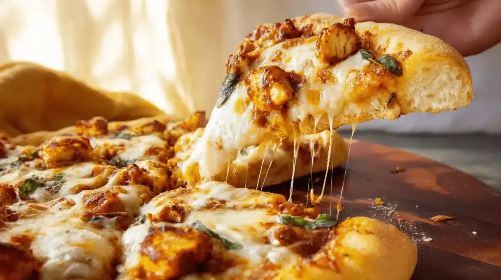 A close-up of a hand lifting a slice of chicken parm pizza, showcasing a delicious cheese pull.