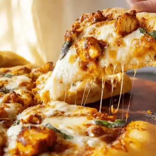 Ultimate Chicken Parm Pizza Recipe 2 A close-up of a hand lifting a slice of chicken parm pizza, showcasing a delicious cheese pull.