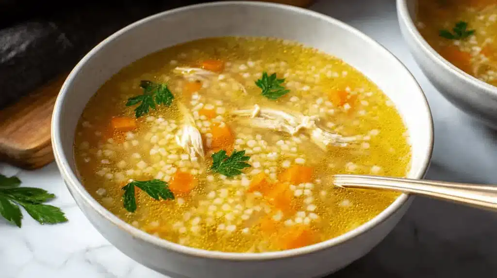 Close-up of a rustic ceramic bowl filled with golden chicken pastina soup, garnished with fresh parsley and shredded chicken.