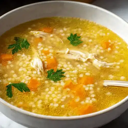 Close-up of a rustic ceramic bowl filled with golden chicken pastina soup, garnished with fresh parsley and shredded chicken.