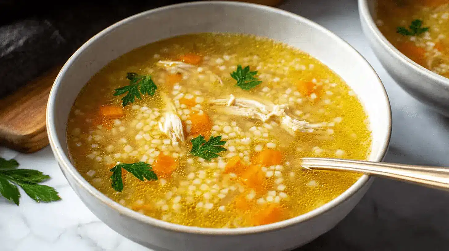 Close-up of a rustic ceramic bowl filled with golden chicken pastina soup, garnished with fresh parsley and shredded chicken.