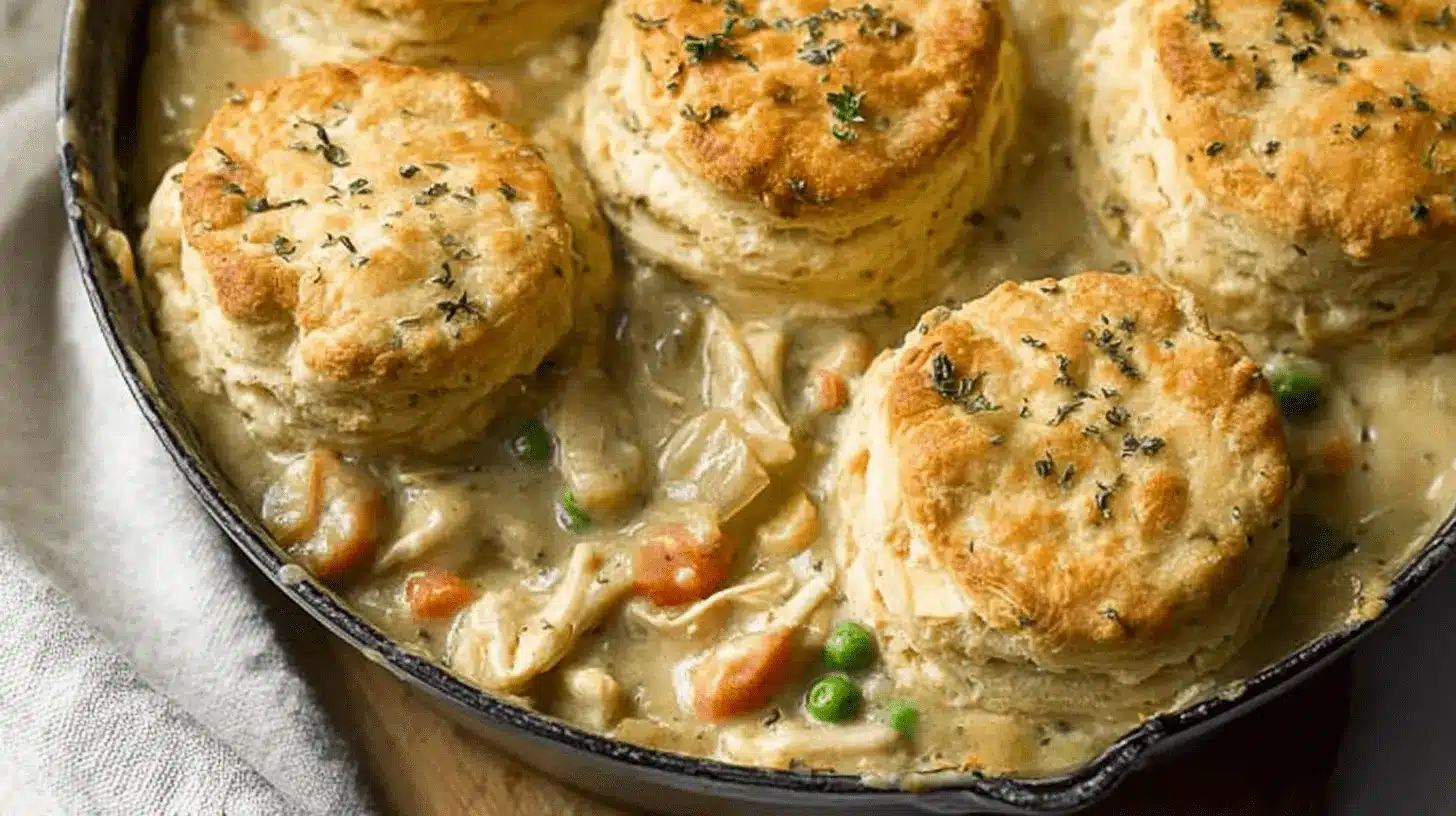 Warm chicken pot pie with biscuits, featuring golden, flaky biscuit tops and a creamy filling in a cast-iron skillet.