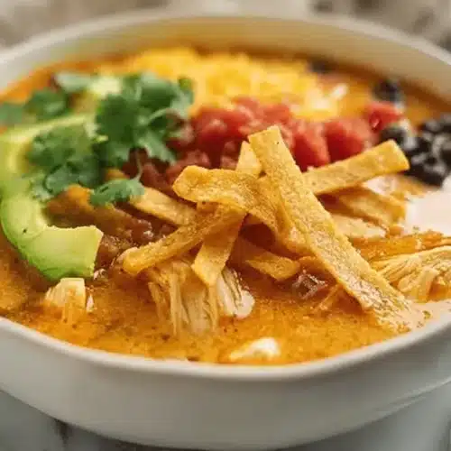 Close-up of creamy chicken tortilla soup garnished with tortilla strips, avocado, and cilantro.