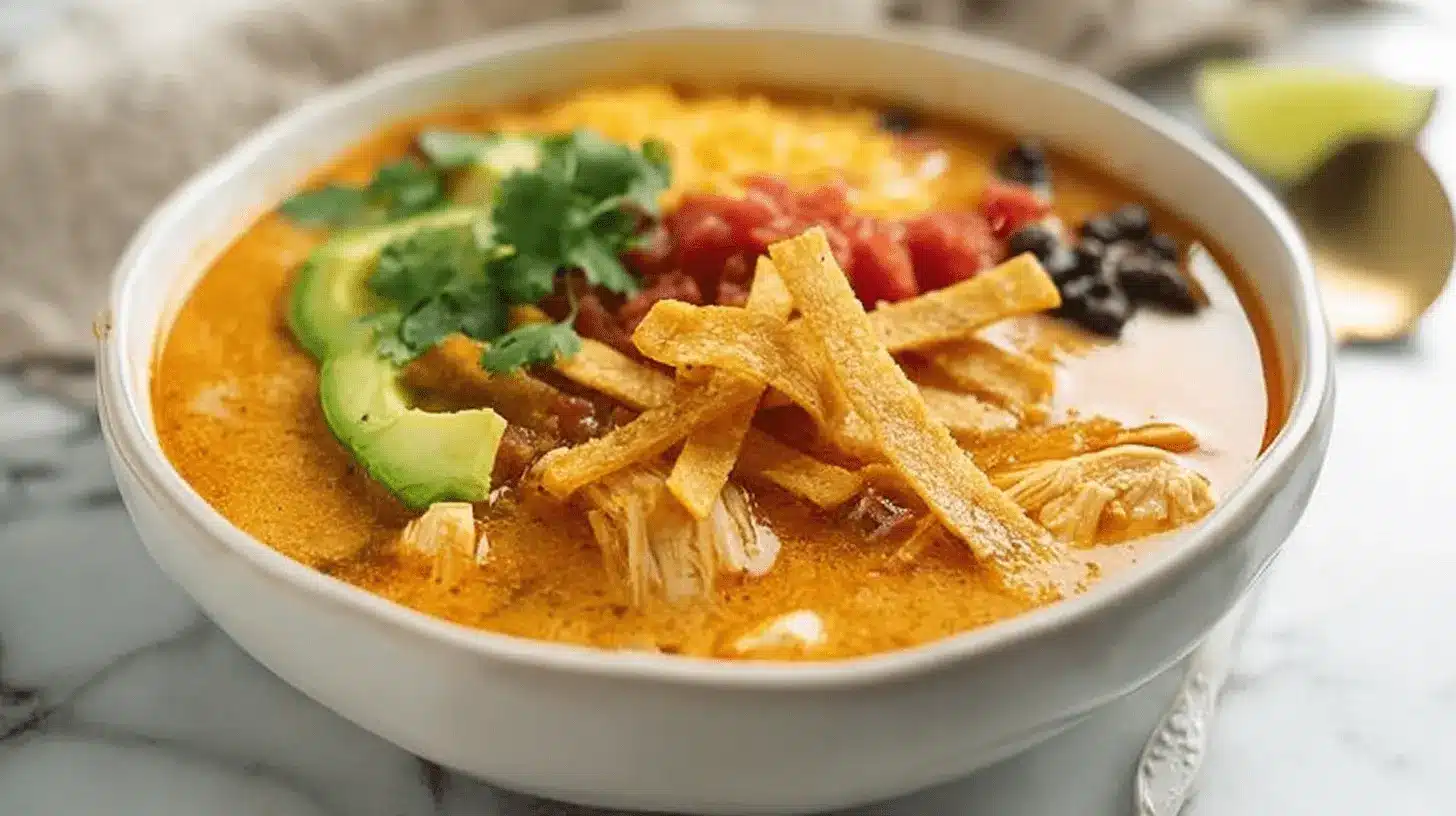 Close-up of creamy chicken tortilla soup garnished with tortilla strips, avocado, and cilantro.
