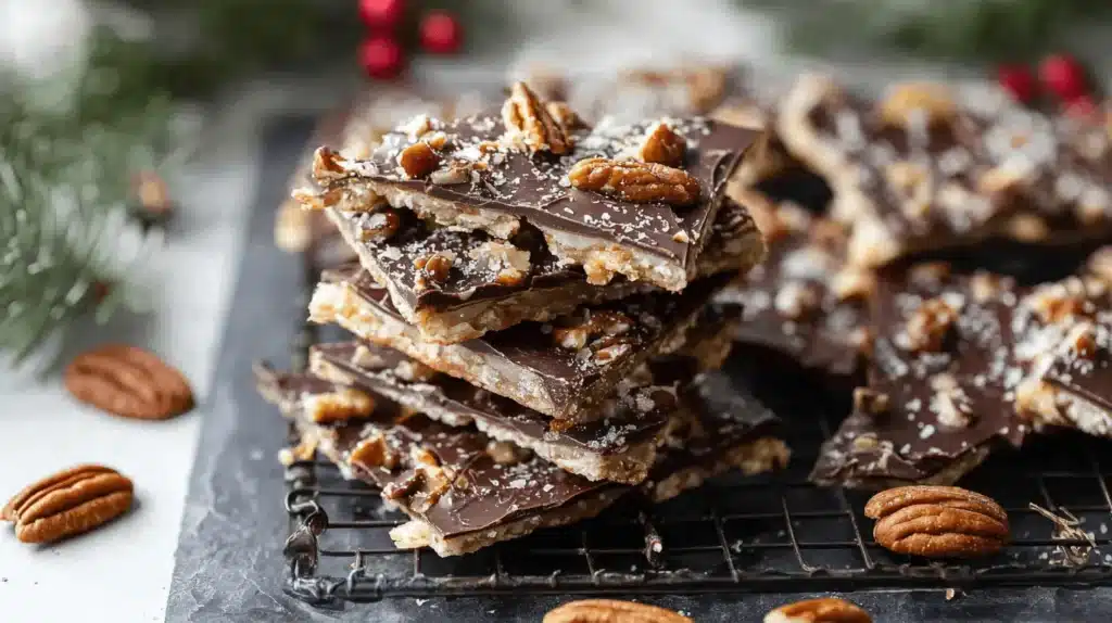 Homemade chocolate and nut bark, a delicious christmas crack recipe, stacked on a cooling rack in a festive holiday setting.