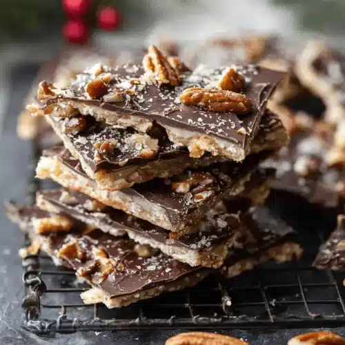 Homemade chocolate and nut bark, a delicious christmas crack recipe, stacked on a cooling rack in a festive holiday setting.