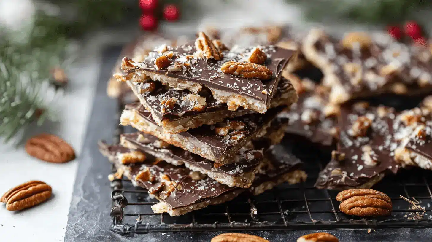Homemade chocolate and nut bark, a delicious christmas crack recipe, stacked on a cooling rack in a festive holiday setting.