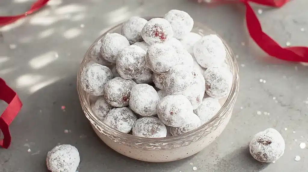 Festive cranberry candy, dusted with powdered sugar, in a bowl with red ribbons and glitter.