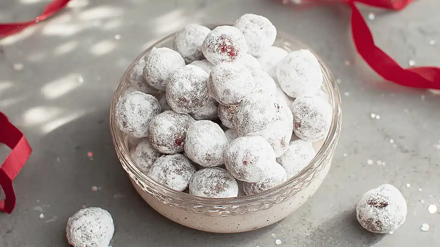 Festive cranberry candy, dusted with powdered sugar, in a bowl with red ribbons and glitter.