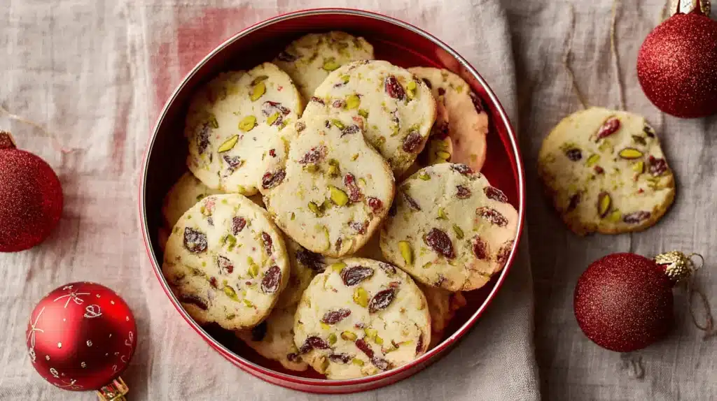 Overhead view of festive Cranberry Pistachio Shortbread Cookies in a red tin, surrounded by Christmas ornaments.