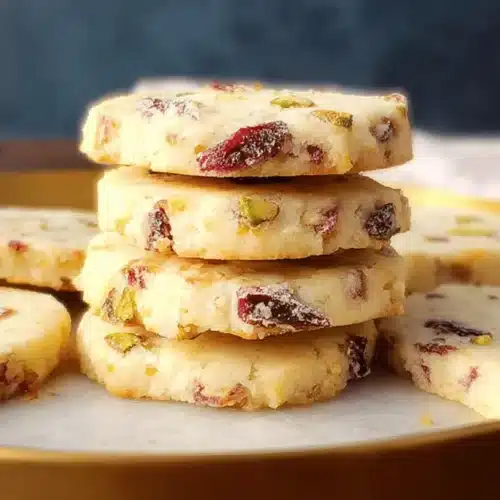 Homemade Avalanche Cookies with cranberries and pistachios on a golden platter.