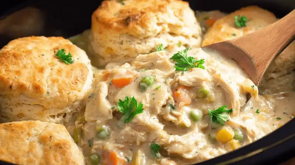 A close-up of a delicious crock pot chicken pot pie, featuring golden-brown biscuits topping a creamy filling with chicken, carrots, peas, and corn, served in a dark pot.
