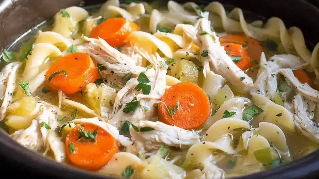 A close-up of a hearty bowl of crockpot chicken noodle soup, with tender chicken, wavy egg noodles, carrots, and fresh herbs.