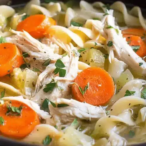 A close-up of a hearty bowl of crockpot chicken noodle soup, with tender chicken, wavy egg noodles, carrots, and fresh herbs.
