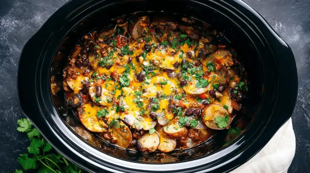 A top-down view of a hearty crockpot cowboy casserole, loaded with potatoes, beans, melted cheddar cheese, and fresh herbs in a black slow cooker insert.