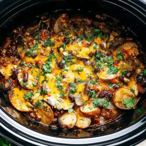 A top-down view of a hearty crockpot cowboy casserole, loaded with potatoes, beans, melted cheddar cheese, and fresh herbs in a black slow cooker insert.