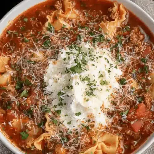 Delicious crockpot lasagna soup served in a white bowl, topped with ricotta, Parmesan, and fresh parsley.