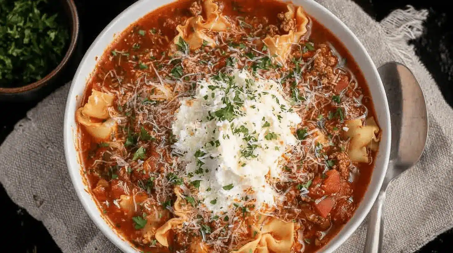 Delicious crockpot lasagna soup served in a white bowl, topped with ricotta, Parmesan, and fresh parsley.